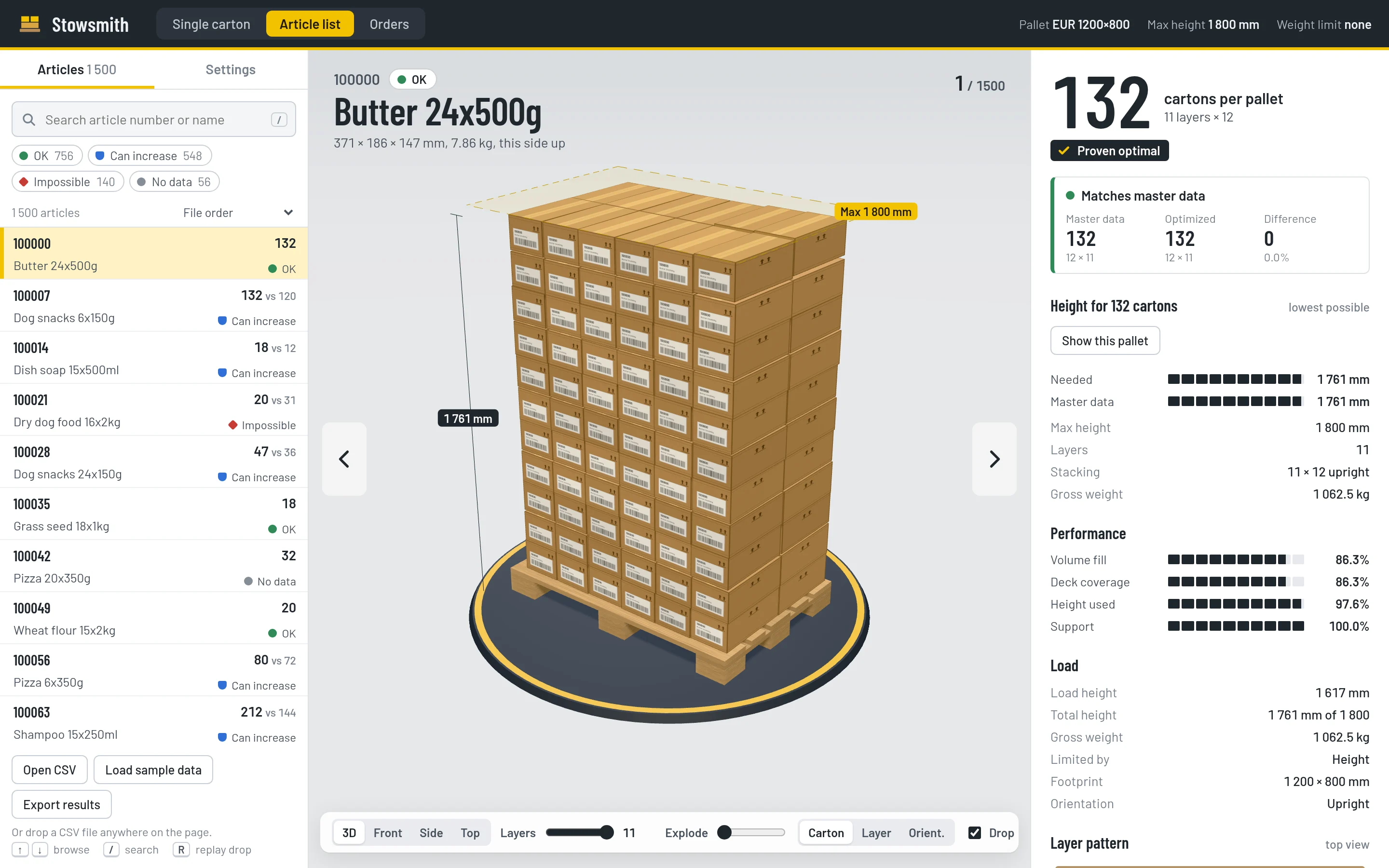 The Stowsmith web app: an article list with validation status, a stacked EUR pallet in 3D and its spec sheet