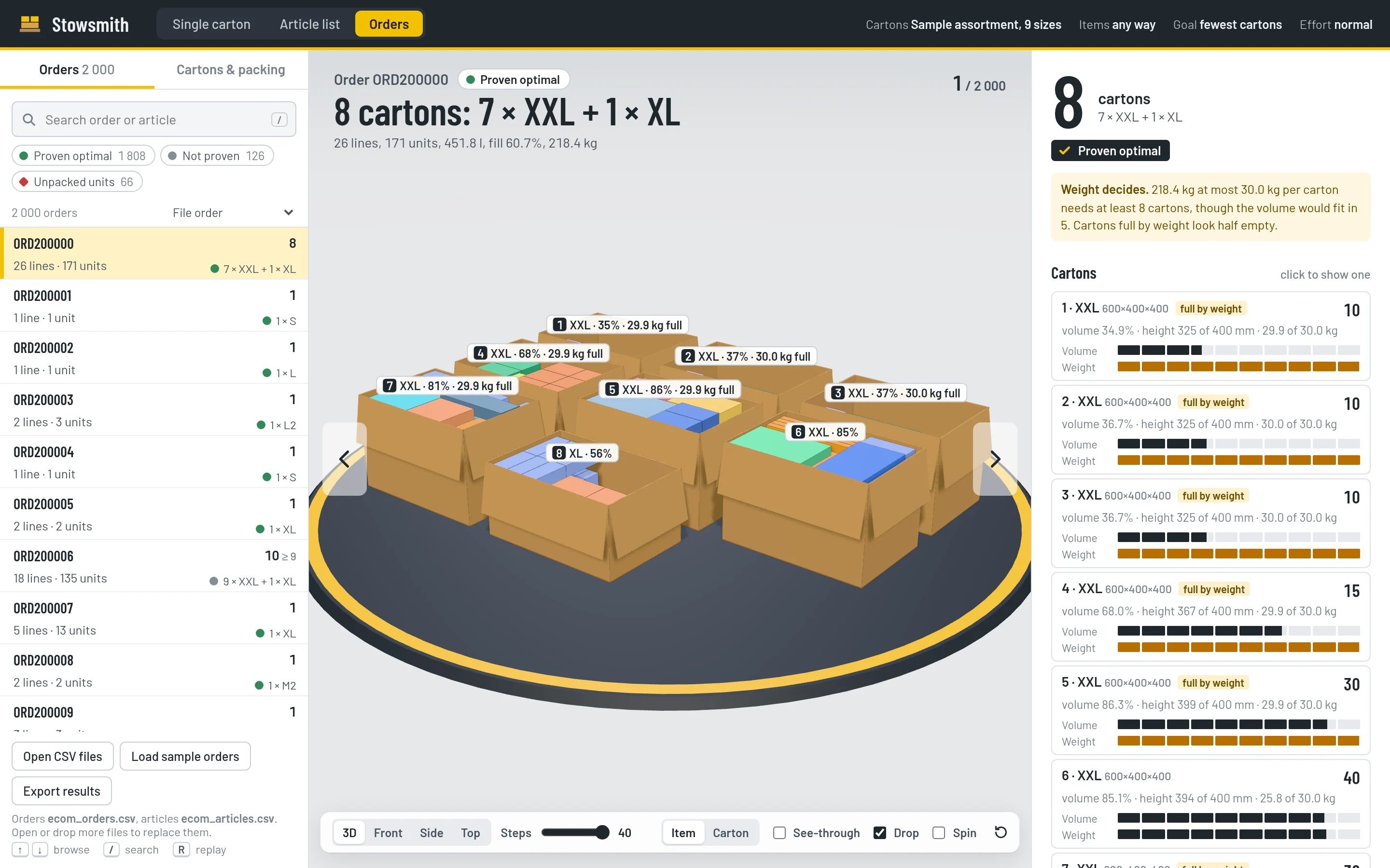 The Stowsmith web app in Orders mode: eight open cartons of one order in 3D with fill and weight per carton